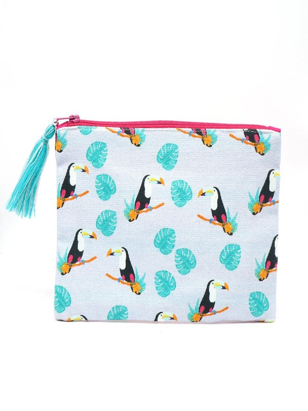 Cotton white purse with toucan print and tassel zip