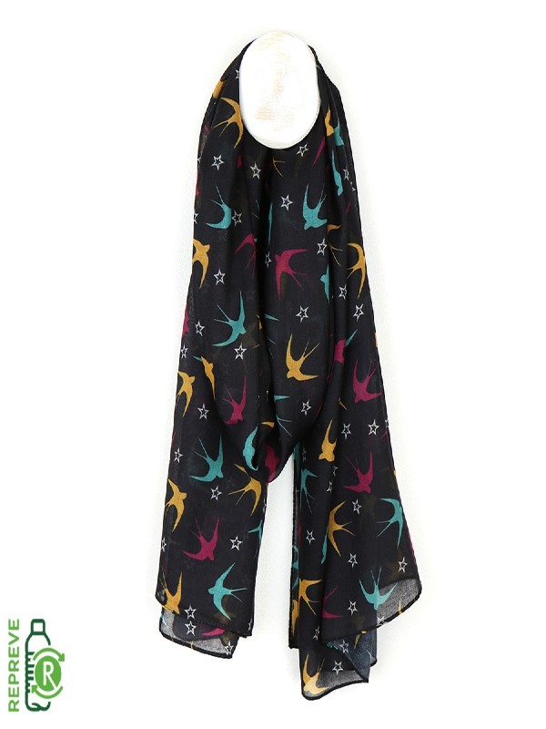 Dark recycled scarf with swallows and stars print