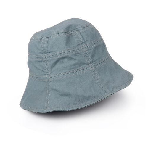 Soft canvas classic summer bucket hat in dusky denim blue, featuring a gently structured brim and breathable fabric for lightweight, comfortable wear.